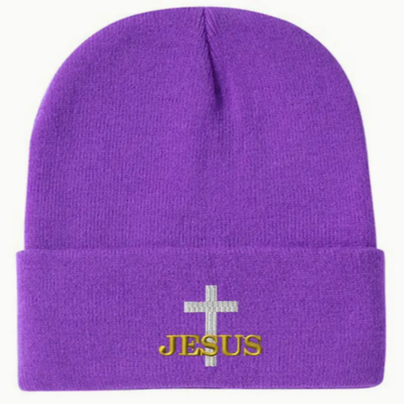 Embroidered Jesus Christian Acrylic Beanie, Unisex - Picture 3 of 13